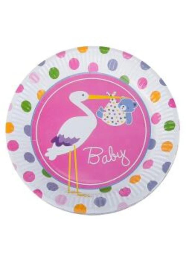 Baby Shower Pembe Leylek Karton Tabak 8'li