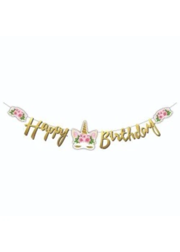 Unicorn Çiçekli Happy Birhday Banner