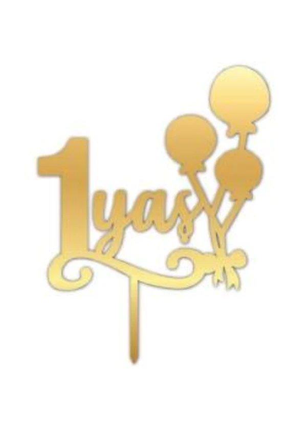 1 Yaş Yazılı Balonlu  Pasta ve Cupcake Süsü Gold Pleksi 12x14cm
