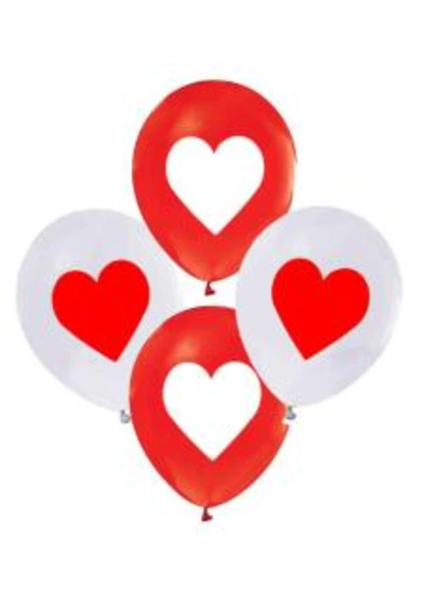 Kalp Baskılı Kırmızı Beyaz Balon 5'li Paket