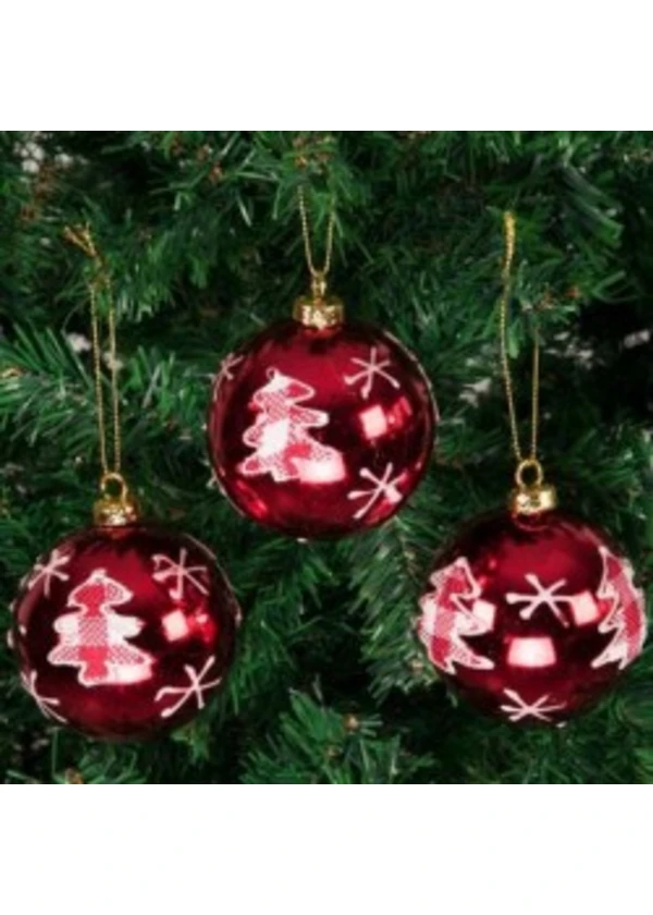 Yılbaşı Ağacı Süsleme Topları Ağaç Desenli Kirmizi 8 cm 3'lü