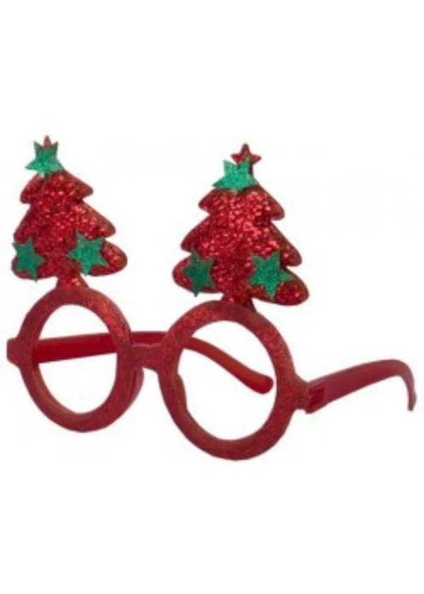 Yılbaşı Parti Gözlüğü Kırmızı Simli Yılbaşı Ağacı Figürlü