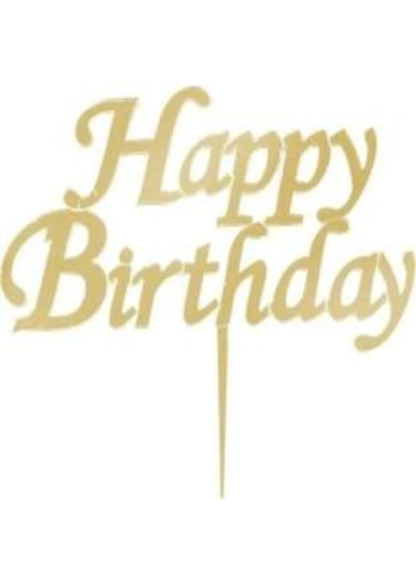 Happy Birthday Yazılı Pasta ve Cupcake Süsü Altın Pleksi 14x15cm