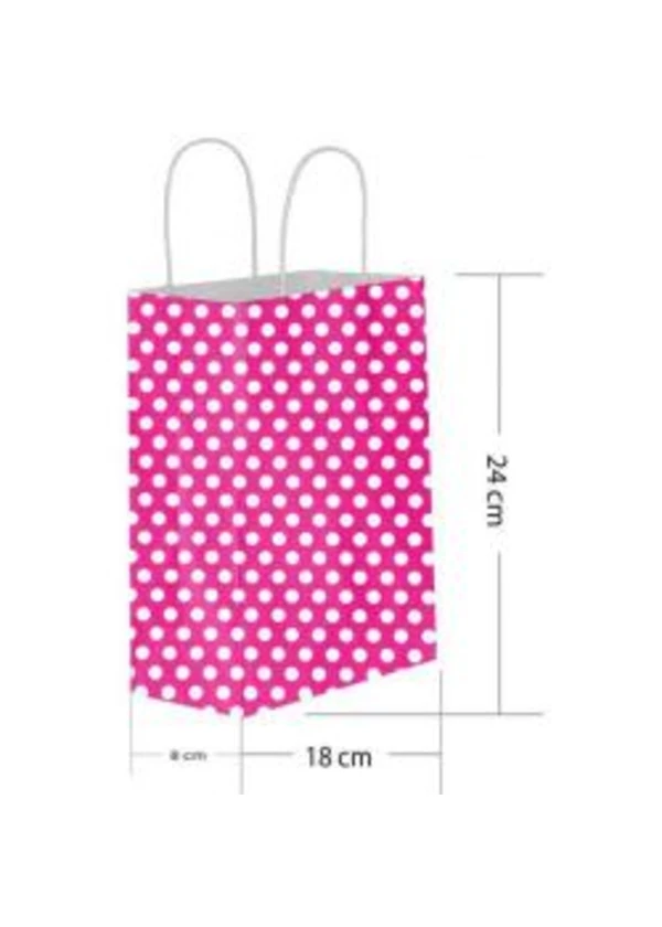 Fuşya Puantiyeli Büküm Saplı Kağıt Çanta 18x24cm 25ad.