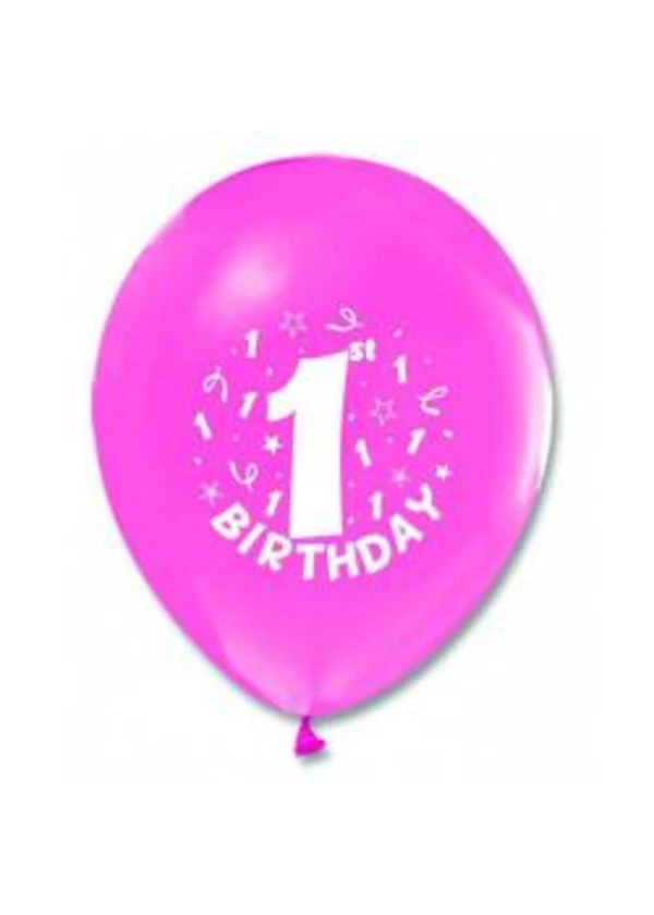 1 Birthday Baskılı Pembe Balon 5'li Paket