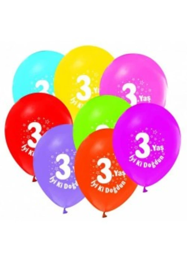 3 Yaş Baskılı Karışık Renk Balon 5'li Paket