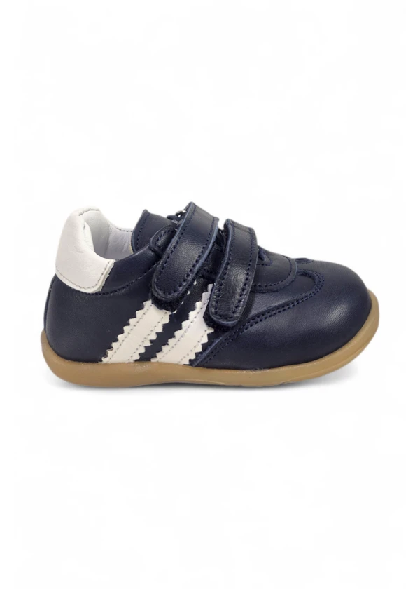 Lacivert Hakiki Deri Tam Ortopedik Çizgili İlk Adım Ayakkabısı